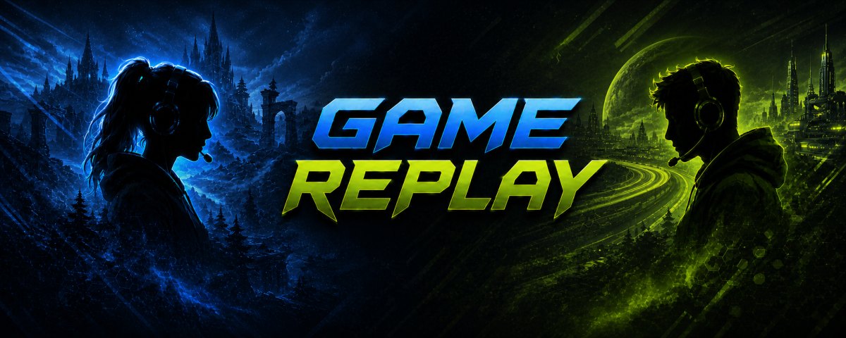 Baner Game Replay łączący klimat gier przygodowych, wyścigowych i science fiction